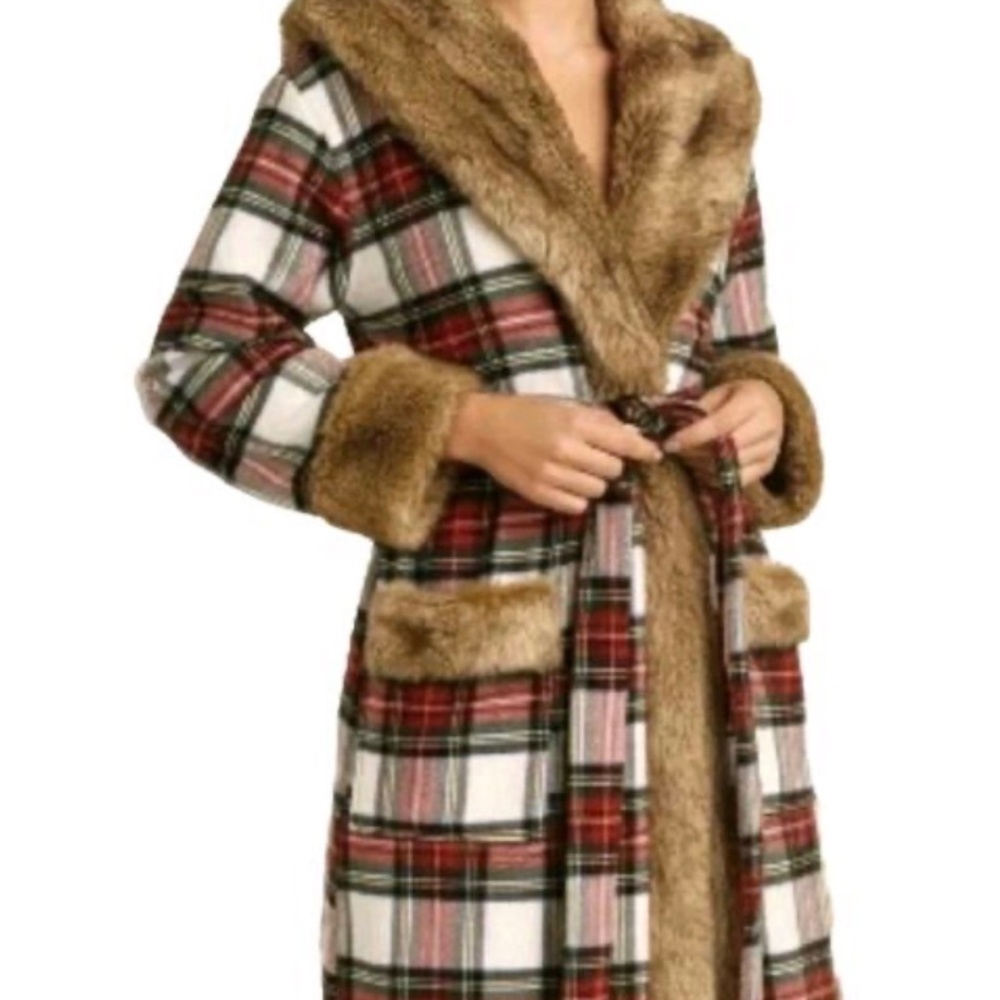 Pottery Barn Stewart Plaid Faux Fur Hooded Robe Women’s size Small